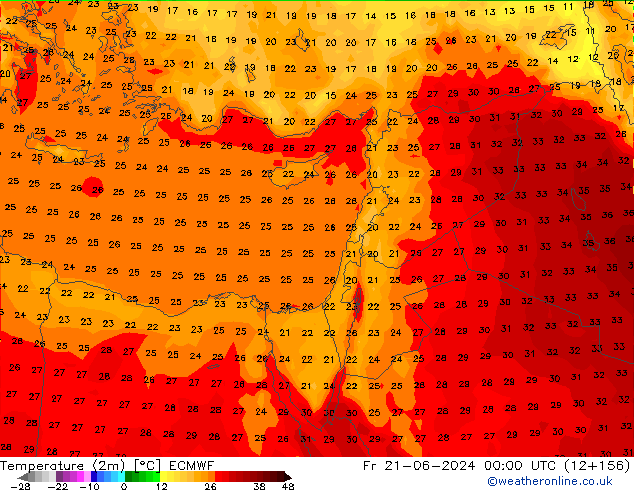 Temperatuurkaart (2m) ECMWF vr 21.06.2024 00 UTC