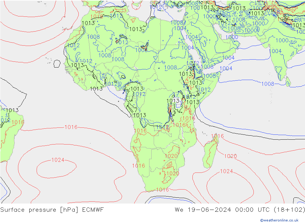 Pressione al suolo ECMWF mer 19.06.2024 00 UTC