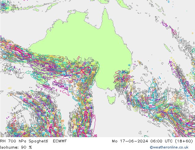 RH 700 hPa Spaghetti ECMWF Mo 17.06.2024 06 UTC