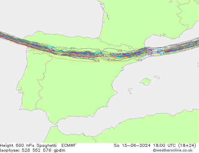 Height 500 hPa Spaghetti ECMWF Sa 15.06.2024 18 UTC