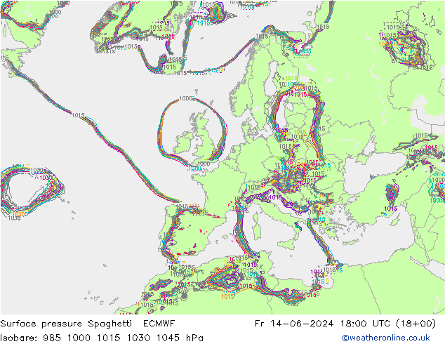 Pressione al suolo Spaghetti ECMWF ven 14.06.2024 18 UTC