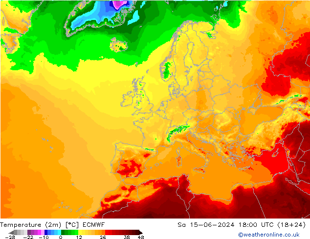 Temperatura (2m) ECMWF sab 15.06.2024 18 UTC