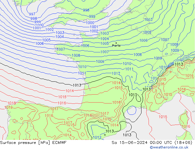 Presión superficial ECMWF sáb 15.06.2024 00 UTC