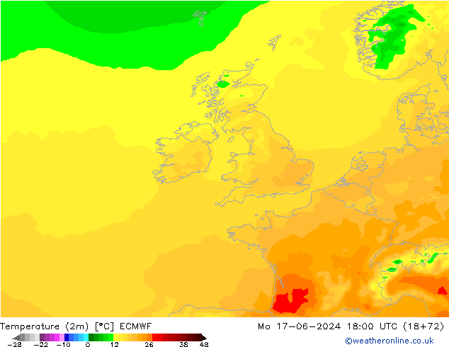 Temperature (2m) ECMWF Mo 17.06.2024 18 UTC