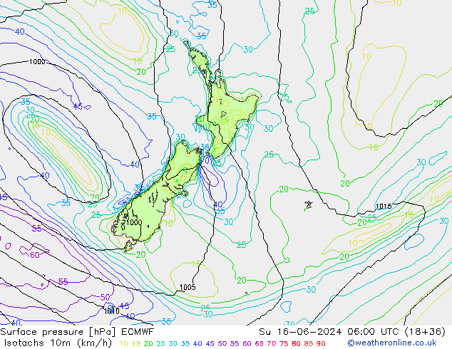 Isotachs (kph) ECMWF Ne 16.06.2024 06 UTC