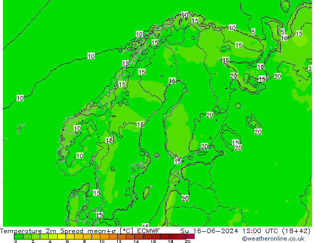 Temperatuurkaart Spread ECMWF zo 16.06.2024 12 UTC