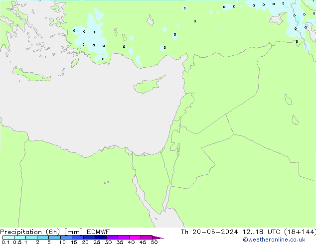 Totale neerslag (6h) ECMWF do 20.06.2024 18 UTC