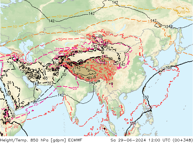 Height/Temp. 850 hPa ECMWF So 29.06.2024 12 UTC