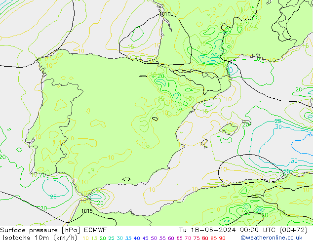 Isotachs (kph) ECMWF mar 18.06.2024 00 UTC