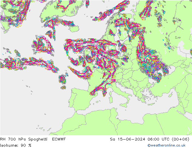RH 700 hPa Spaghetti ECMWF Sa 15.06.2024 06 UTC