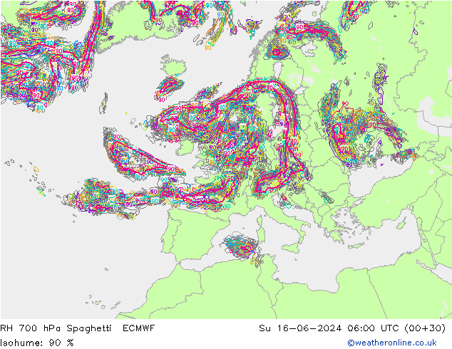 Humedad rel. 700hPa Spaghetti ECMWF dom 16.06.2024 06 UTC