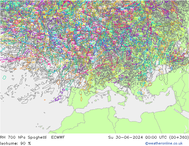 RH 700 hPa Spaghetti ECMWF Su 30.06.2024 00 UTC