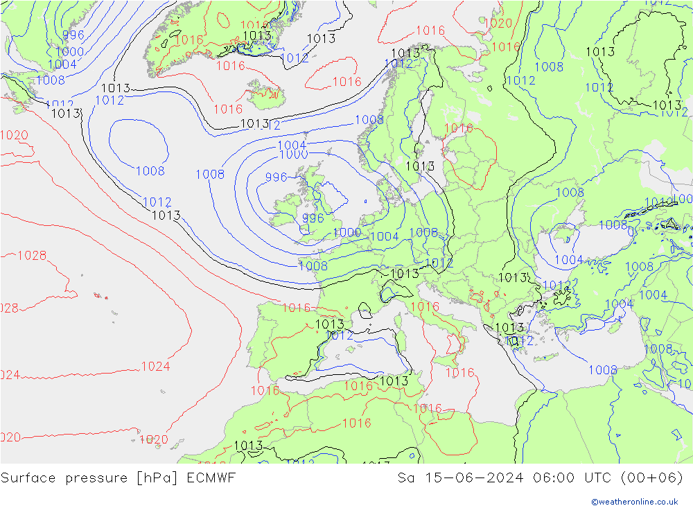 Surface pressure ECMWF Sa 15.06.2024 06 UTC