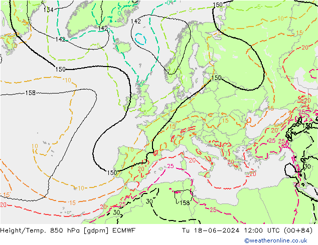 Hoogte/Temp. 850 hPa ECMWF di 18.06.2024 12 UTC