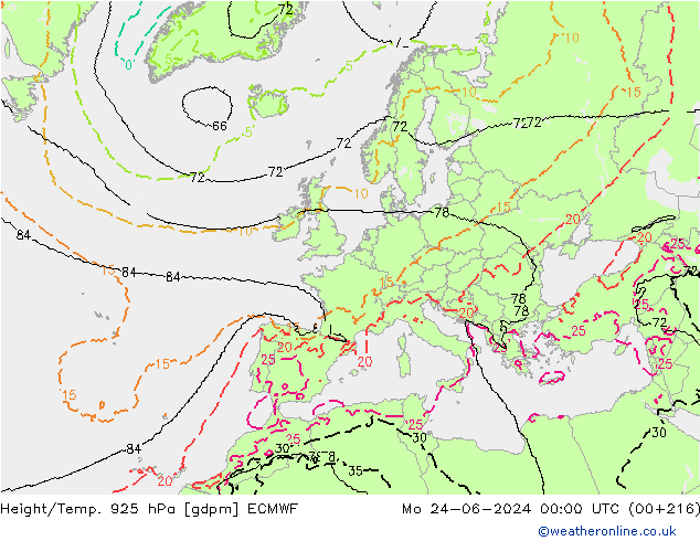 Height/Temp. 925 hPa ECMWF pon. 24.06.2024 00 UTC
