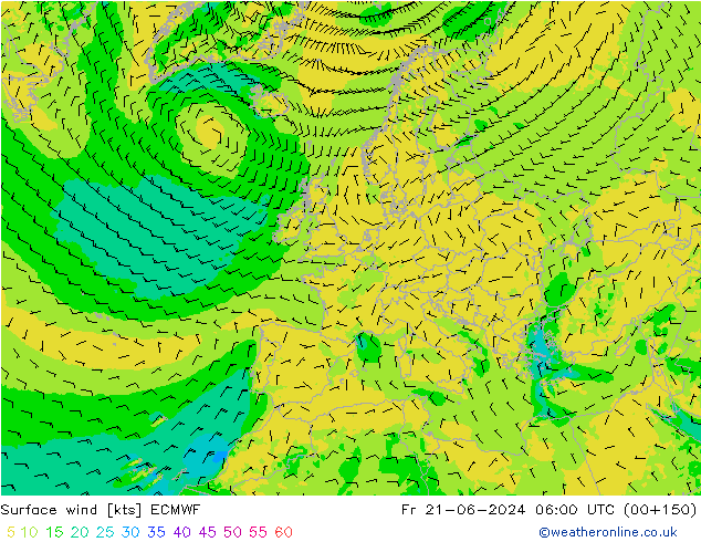 Surface wind ECMWF Pá 21.06.2024 06 UTC