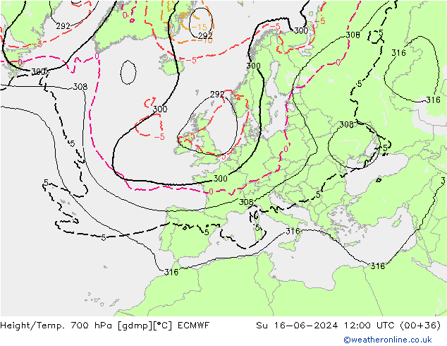 Hoogte/Temp. 700 hPa ECMWF zo 16.06.2024 12 UTC