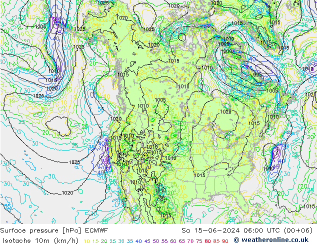 Isotachs (kph) ECMWF Sa 15.06.2024 06 UTC