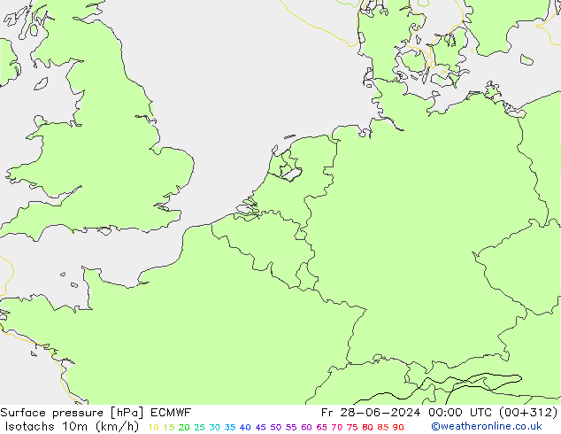 Isotachs (kph) ECMWF ven 28.06.2024 00 UTC