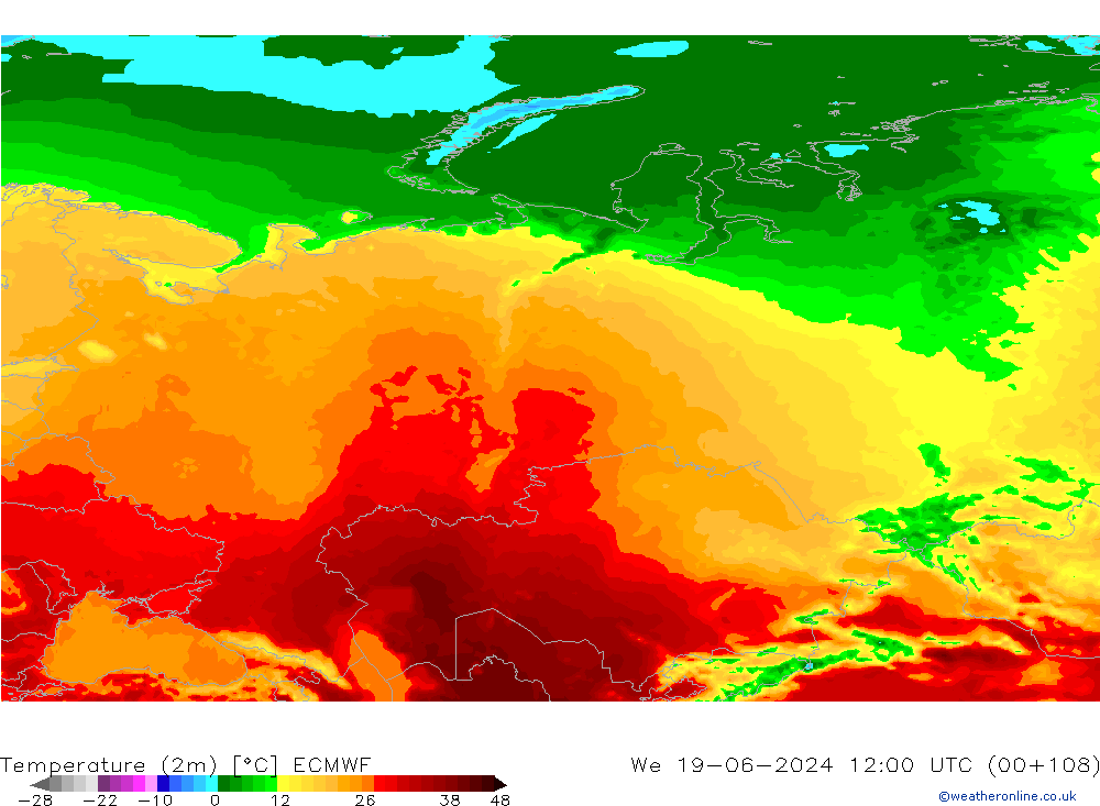 Temperatuurkaart (2m) ECMWF wo 19.06.2024 12 UTC