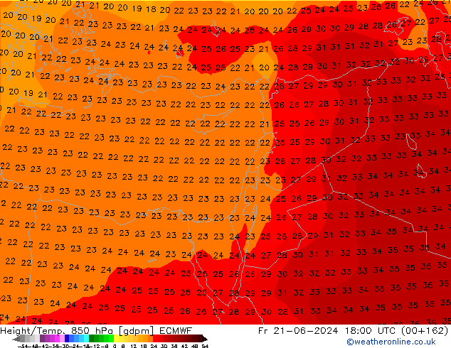 Géop./Temp. 850 hPa ECMWF ven 21.06.2024 18 UTC