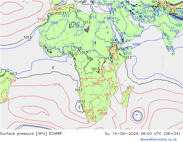 Luchtdruk (Grond) ECMWF zo 16.06.2024 06 UTC