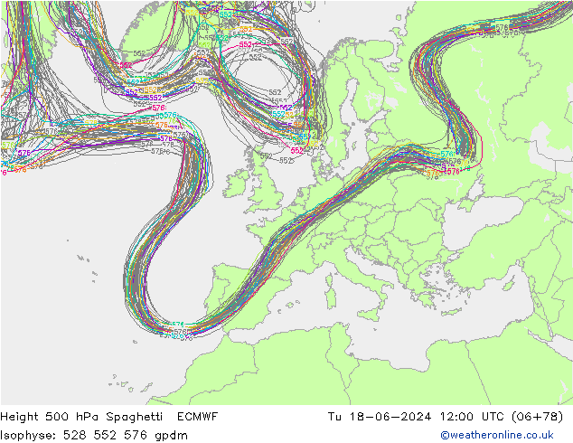 Height 500 hPa Spaghetti ECMWF Ter 18.06.2024 12 UTC