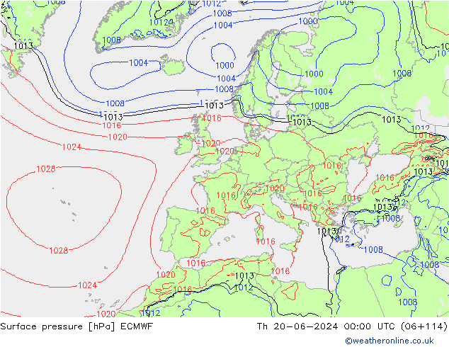 Pressione al suolo ECMWF gio 20.06.2024 00 UTC