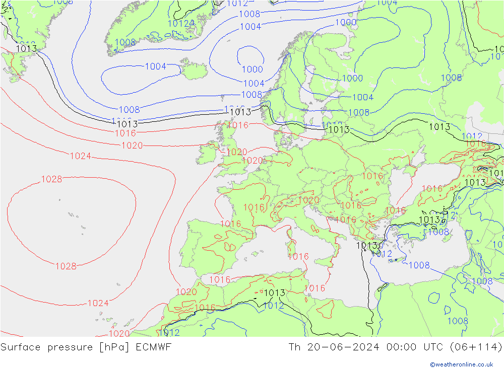 Pressione al suolo ECMWF gio 20.06.2024 00 UTC