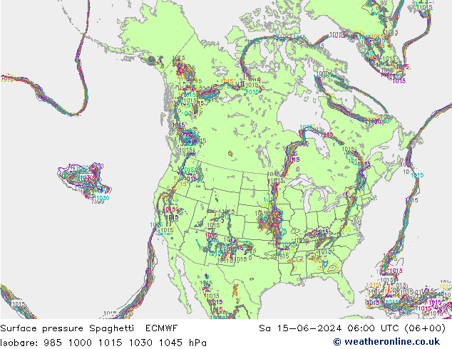 Surface pressure Spaghetti ECMWF Sa 15.06.2024 06 UTC