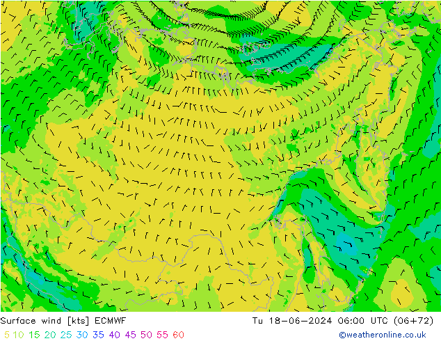 Surface wind ECMWF Tu 18.06.2024 06 UTC