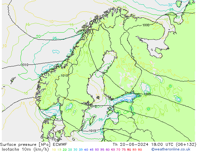 Isotachen (km/h) ECMWF do 20.06.2024 18 UTC