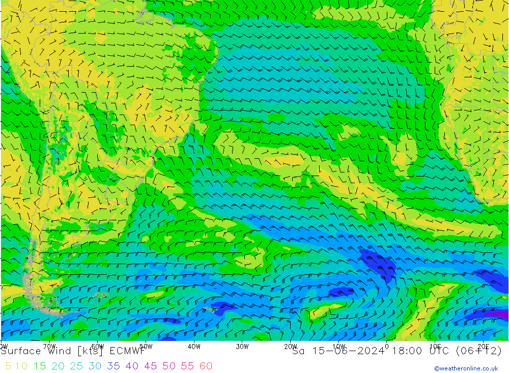 wiatr 10 m ECMWF so. 15.06.2024 18 UTC