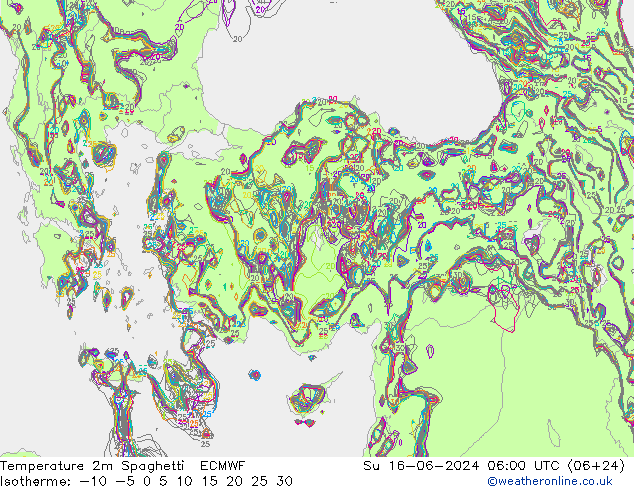 Temperatura 2m Spaghetti ECMWF dom 16.06.2024 06 UTC