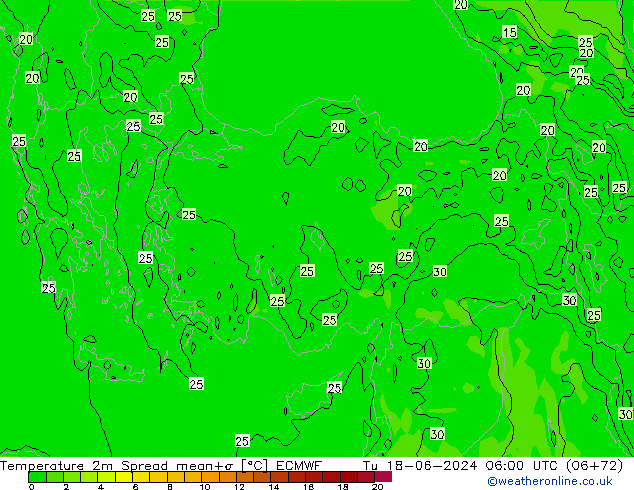 карта температуры Spread ECMWF вт 18.06.2024 06 UTC