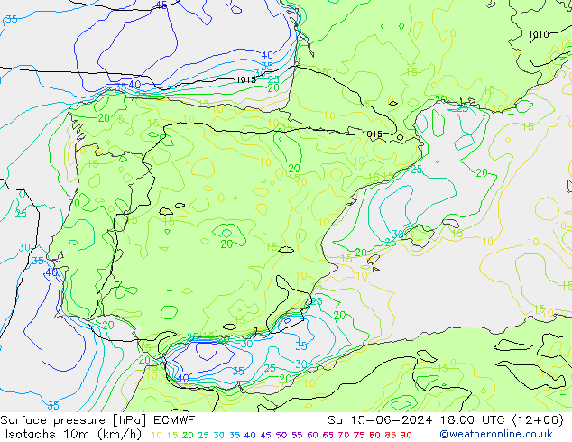 Isotachs (kph) ECMWF  15.06.2024 18 UTC