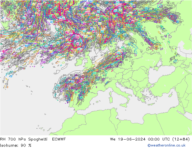 Humidité rel. 700 hPa Spaghetti ECMWF mer 19.06.2024 00 UTC
