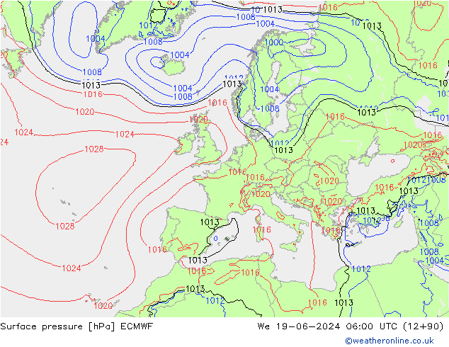 Surface pressure ECMWF We 19.06.2024 06 UTC