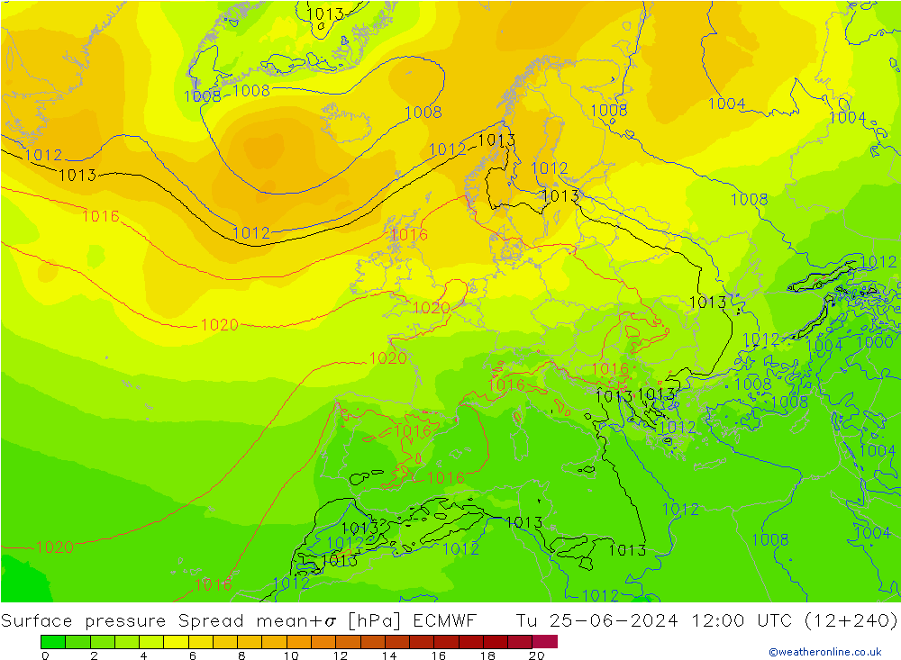 Atmosférický tlak Spread ECMWF Út 25.06.2024 12 UTC