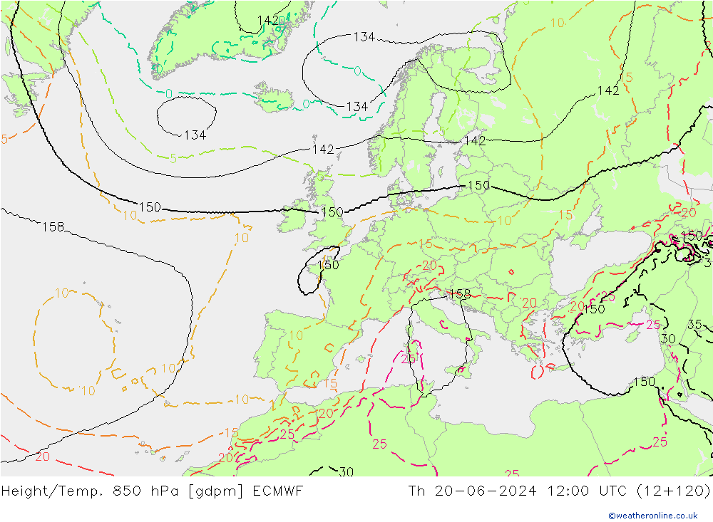Height/Temp. 850 hPa ECMWF Qui 20.06.2024 12 UTC