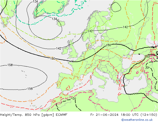 Hoogte/Temp. 850 hPa ECMWF vr 21.06.2024 18 UTC