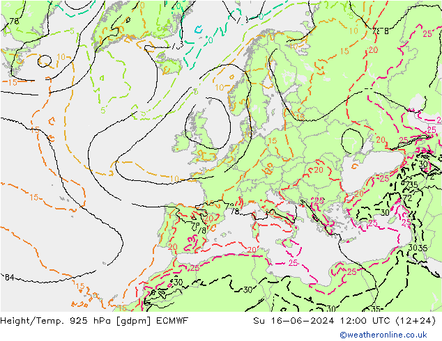 Height/Temp. 925 гПа ECMWF Вс 16.06.2024 12 UTC