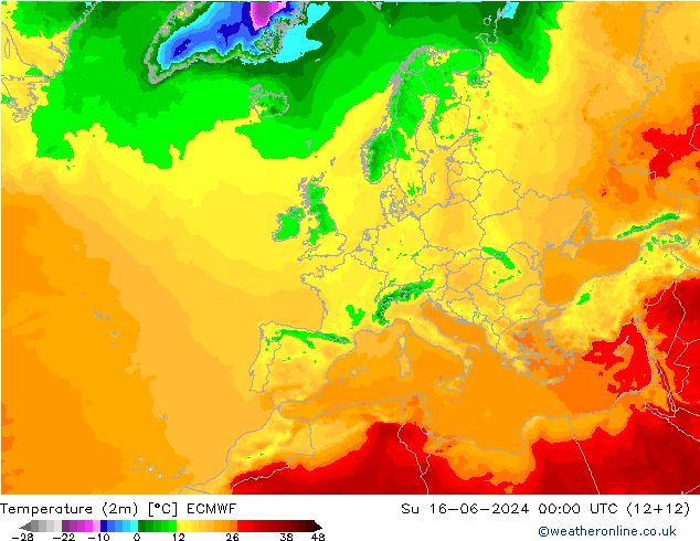 Temperatura (2m) ECMWF dom 16.06.2024 00 UTC