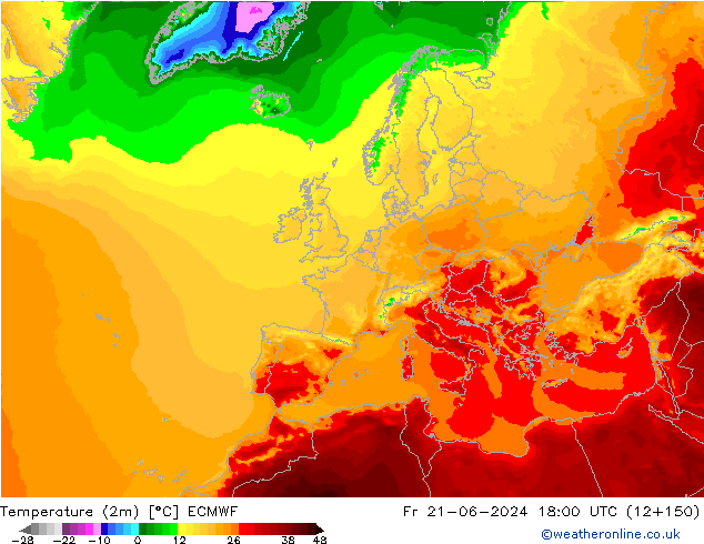 Temperatuurkaart (2m) ECMWF vr 21.06.2024 18 UTC