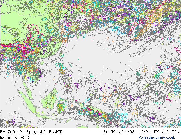 RH 700 hPa Spaghetti ECMWF Dom 30.06.2024 12 UTC
