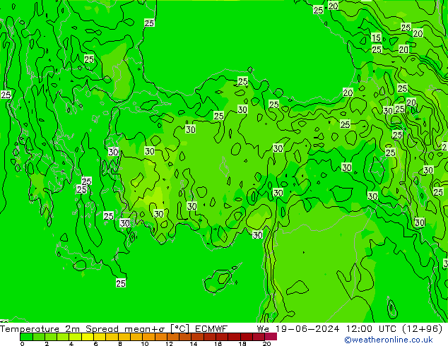 Temperature 2m Spread ECMWF We 19.06.2024 12 UTC