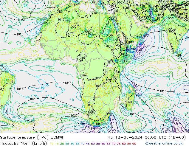 Isotachs (kph) ECMWF mar 18.06.2024 06 UTC