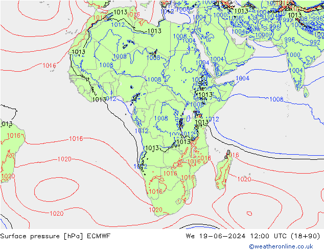 Luchtdruk (Grond) ECMWF wo 19.06.2024 12 UTC