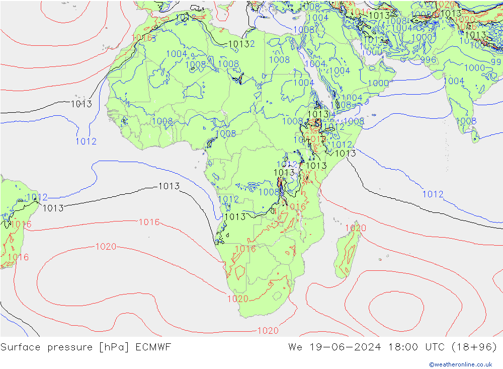 Luchtdruk (Grond) ECMWF wo 19.06.2024 18 UTC