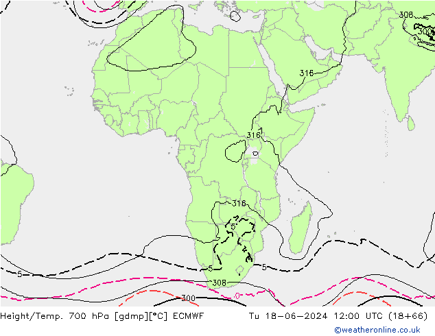 Geop./Temp. 700 hPa ECMWF mar 18.06.2024 12 UTC